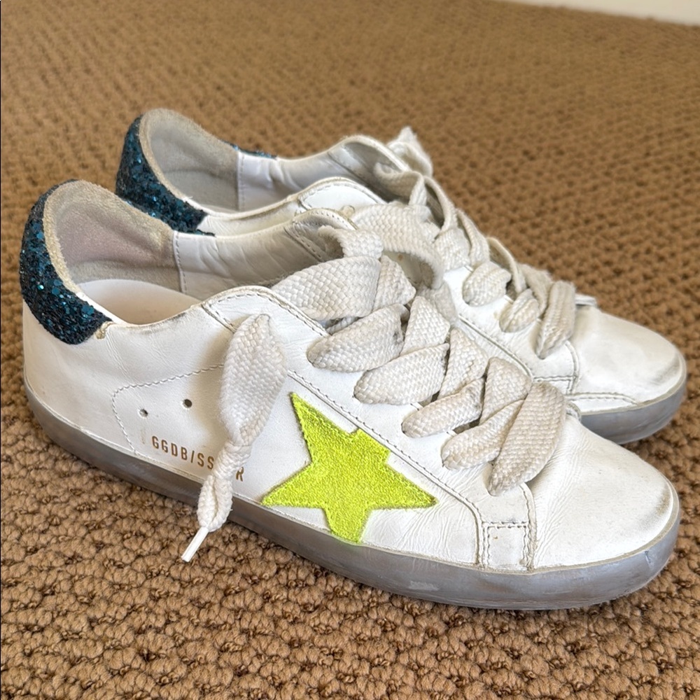 Golden Goose White and Green Distressed Sneakers